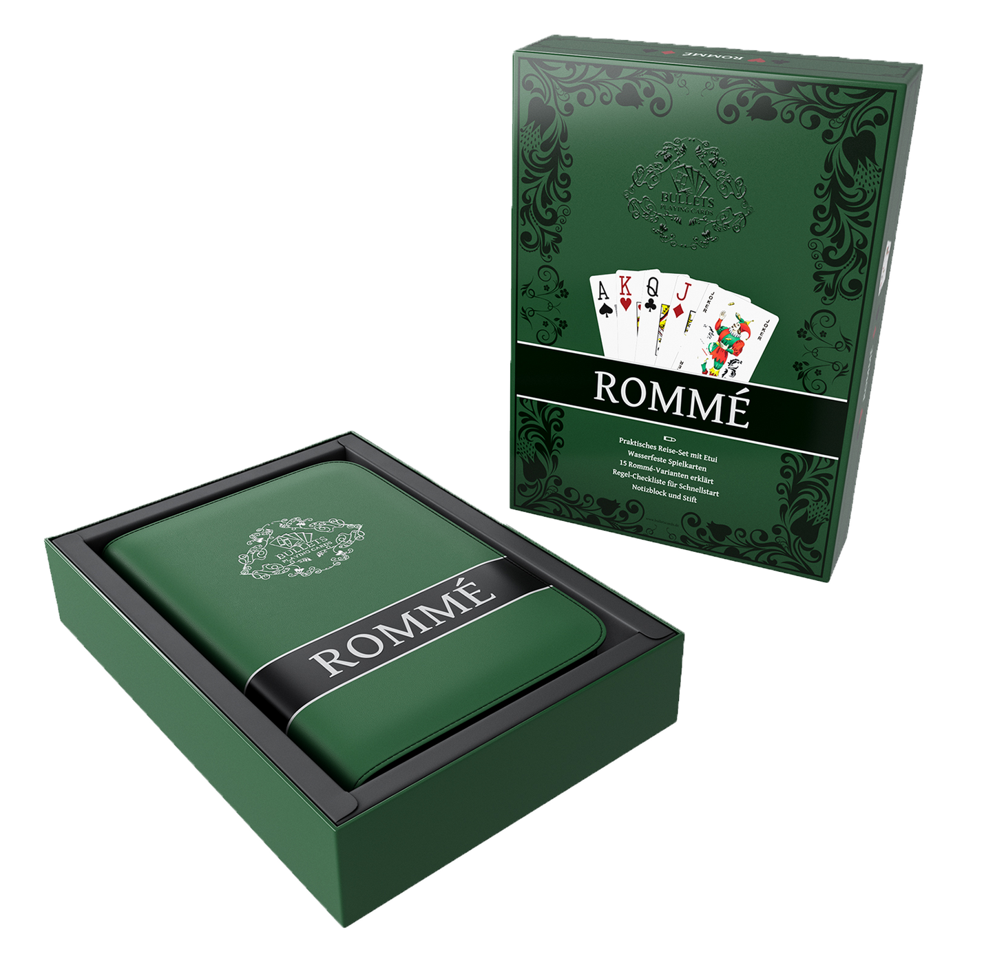 Rummy set in artificial leather case, including plastic playing cards, rules of the game with 15 Rummy variants, short rules, pen and pad