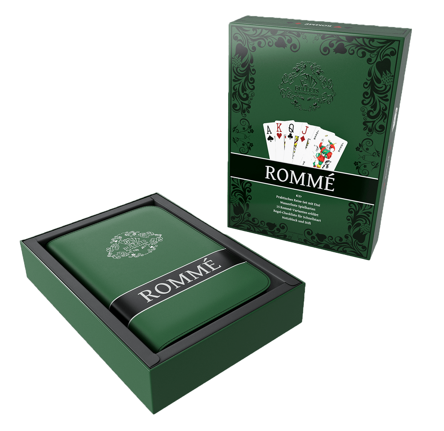 Rummy en estuche de piel sintética, incluye naipes de plástico, reglas con 15 variantes de Rummy, reglas cortas, bolígrafo y bloc