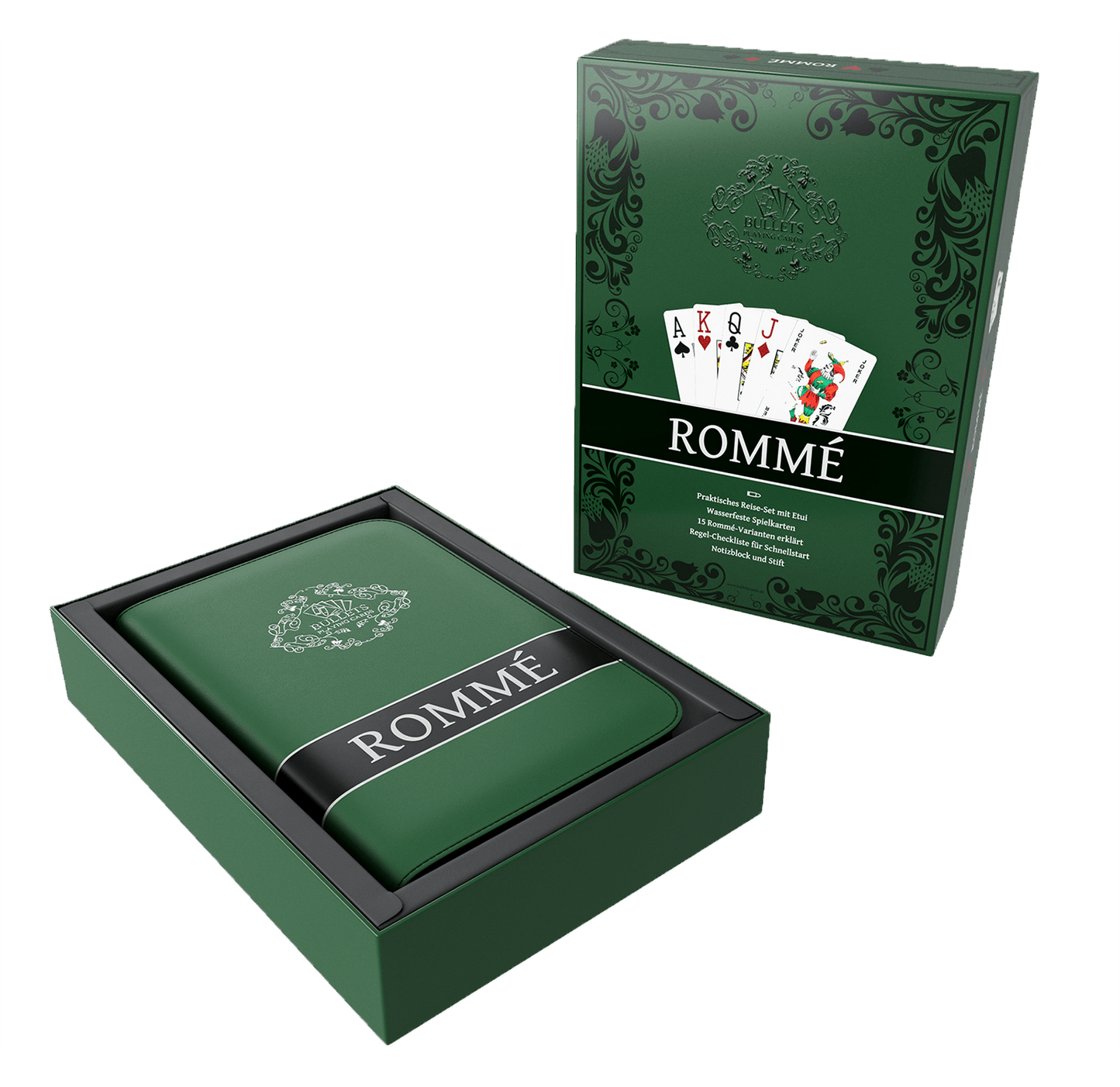 Rummy set in imitation leather case, including plastic playing cards, game rules with 15 rummy variants, short rules, pen and pad - Bullets Playing Cards