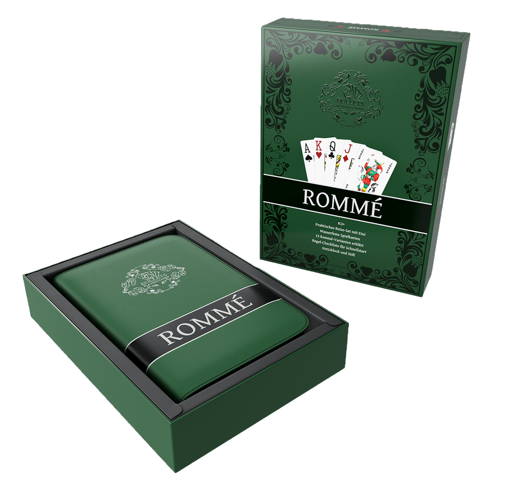 Rommé Set in Kunstleder-Etui, inklusive Plastik Spielkarten, Spielregeln mit 15 Rommee-Varianten, Kurzregeln, Stift und Block - Bullets Playing Cards