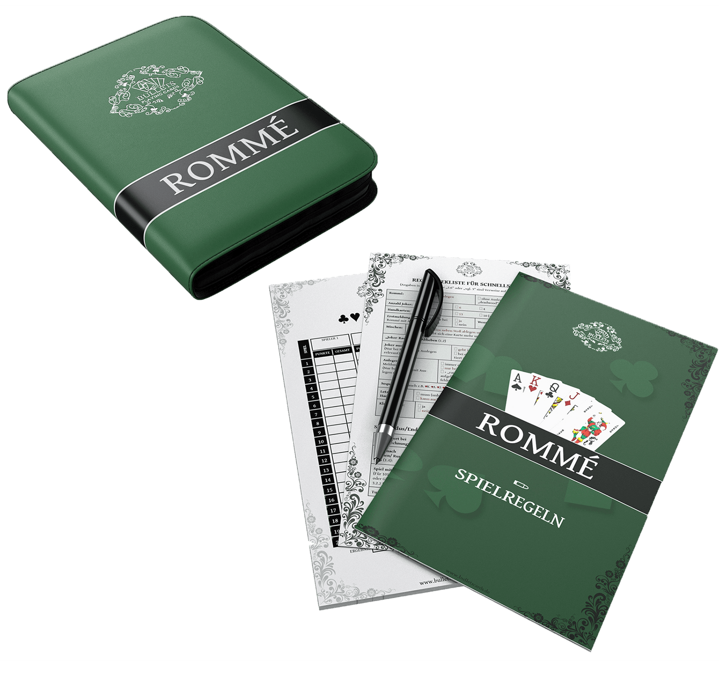 Rummy en estuche de piel sintética, incluye naipes de plástico, reglas con 15 variantes de Rummy, reglas cortas, bolígrafo y bloc