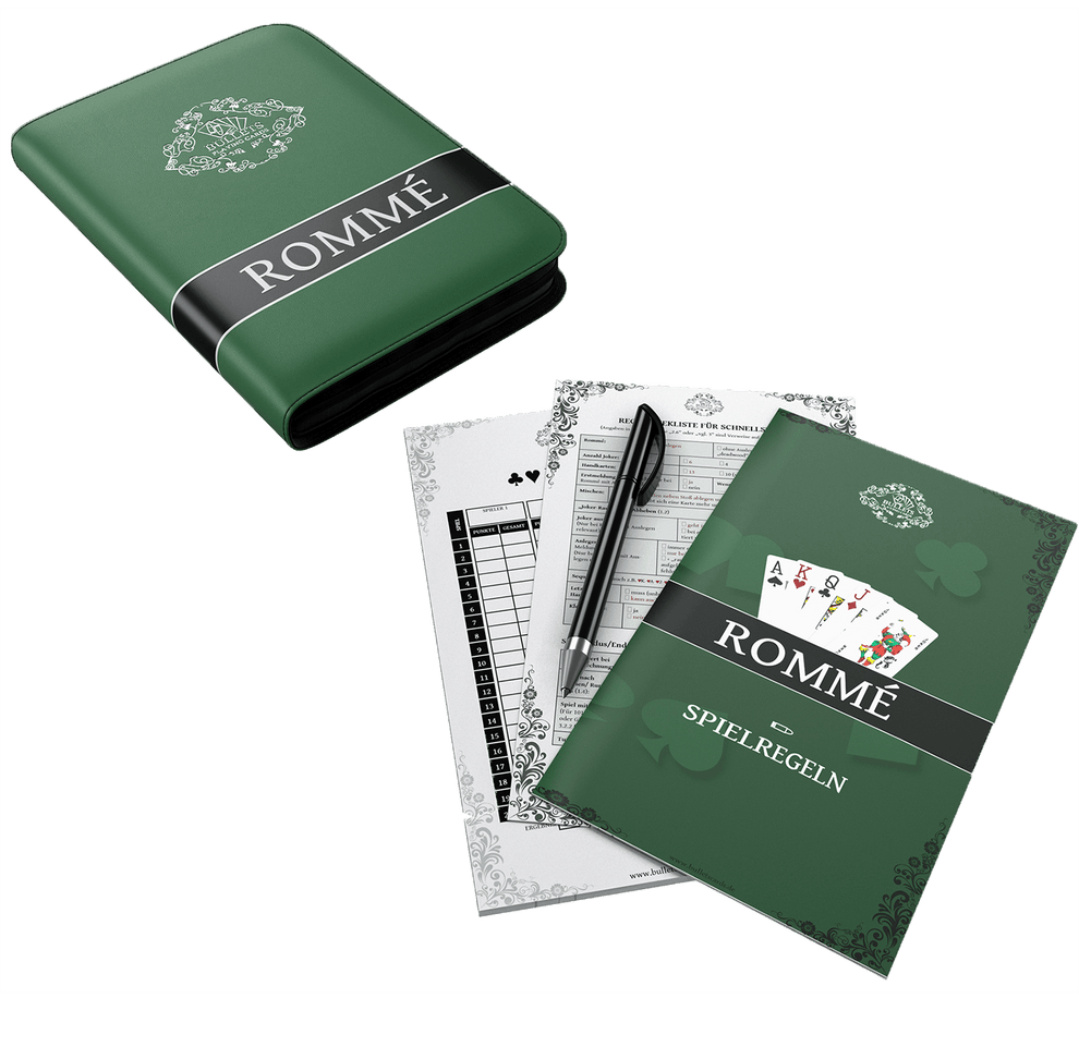 Rommé Set in Kunstleder-Etui, inklusive Plastik Spielkarten, Spielregeln mit 15 Rommee-Varianten, Kurzregeln, Stift und Block - Bullets Playing Cards