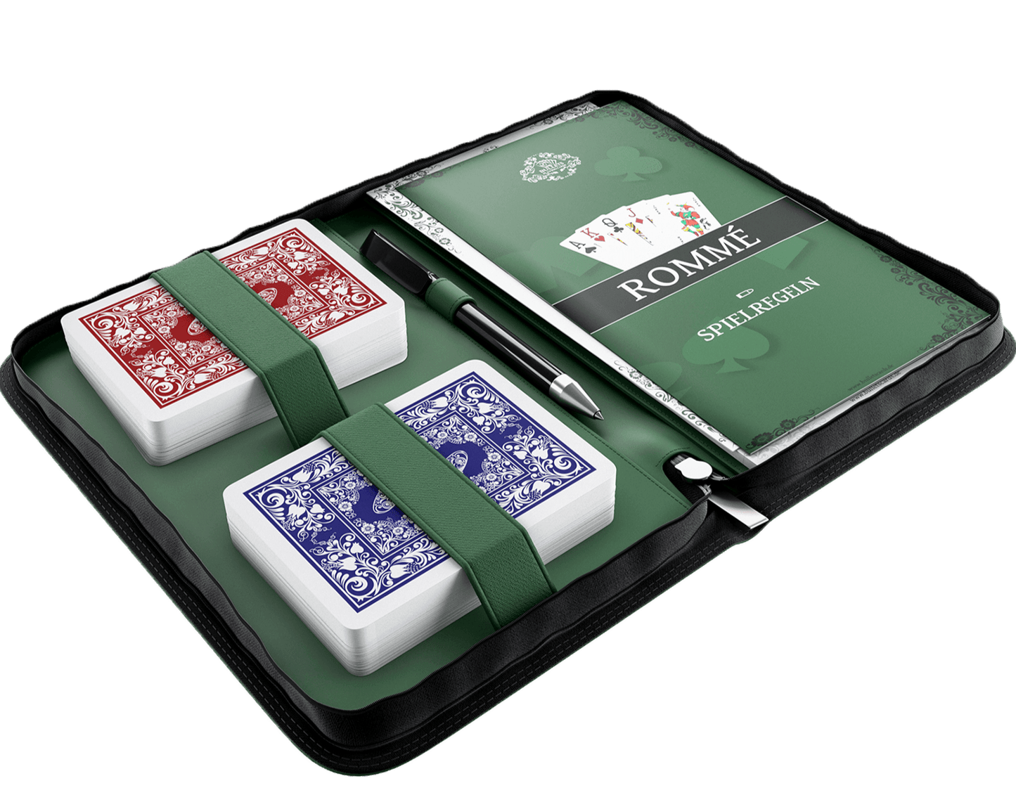 Rummy set in artificial leather case, including plastic playing cards, rules of the game with 15 Rummy variants, short rules, pen and pad