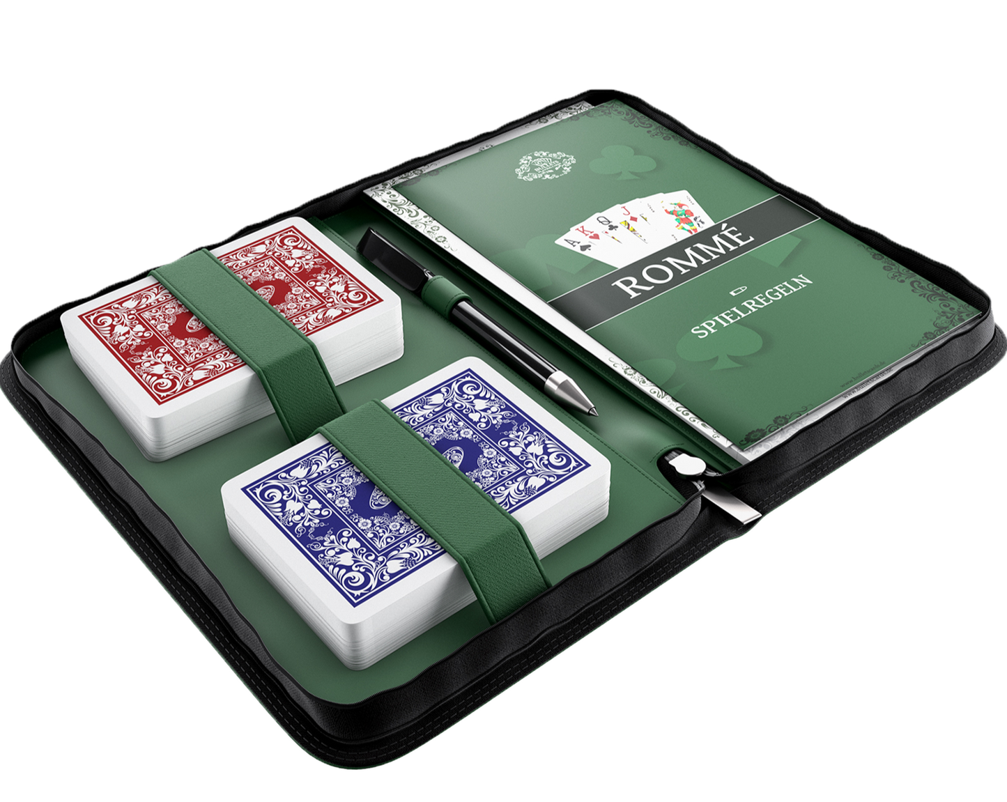 Set Ramino in custodia in finta pelle, incluse carte da gioco in plastica, regole con 15 varianti di Ramino, regole brevi, penna e blocco