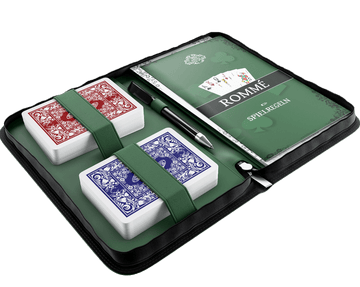 Rommé Set in Kunstleder-Etui, inklusive Plastik Spielkarten, Spielregeln mit 15 Rommee-Varianten, Kurzregeln, Stift und Block - Bullets Playing Cards