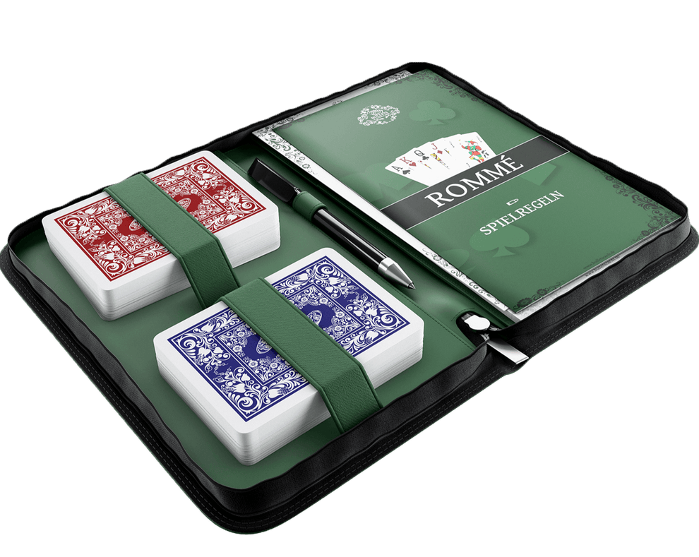 Rommé Set in Kunstleder-Etui, inklusive Plastik Spielkarten, Spielregeln mit 15 Rommee-Varianten, Kurzregeln, Stift und Block - Bullets Playing Cards