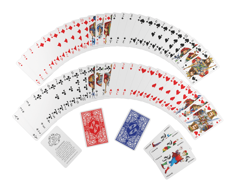 Rommé Set in Kunstleder-Etui, inklusive Plastik Spielkarten, Spielregeln mit 15 Rommee-Varianten, Kurzregeln, Stift und Block - Bullets Playing Cards