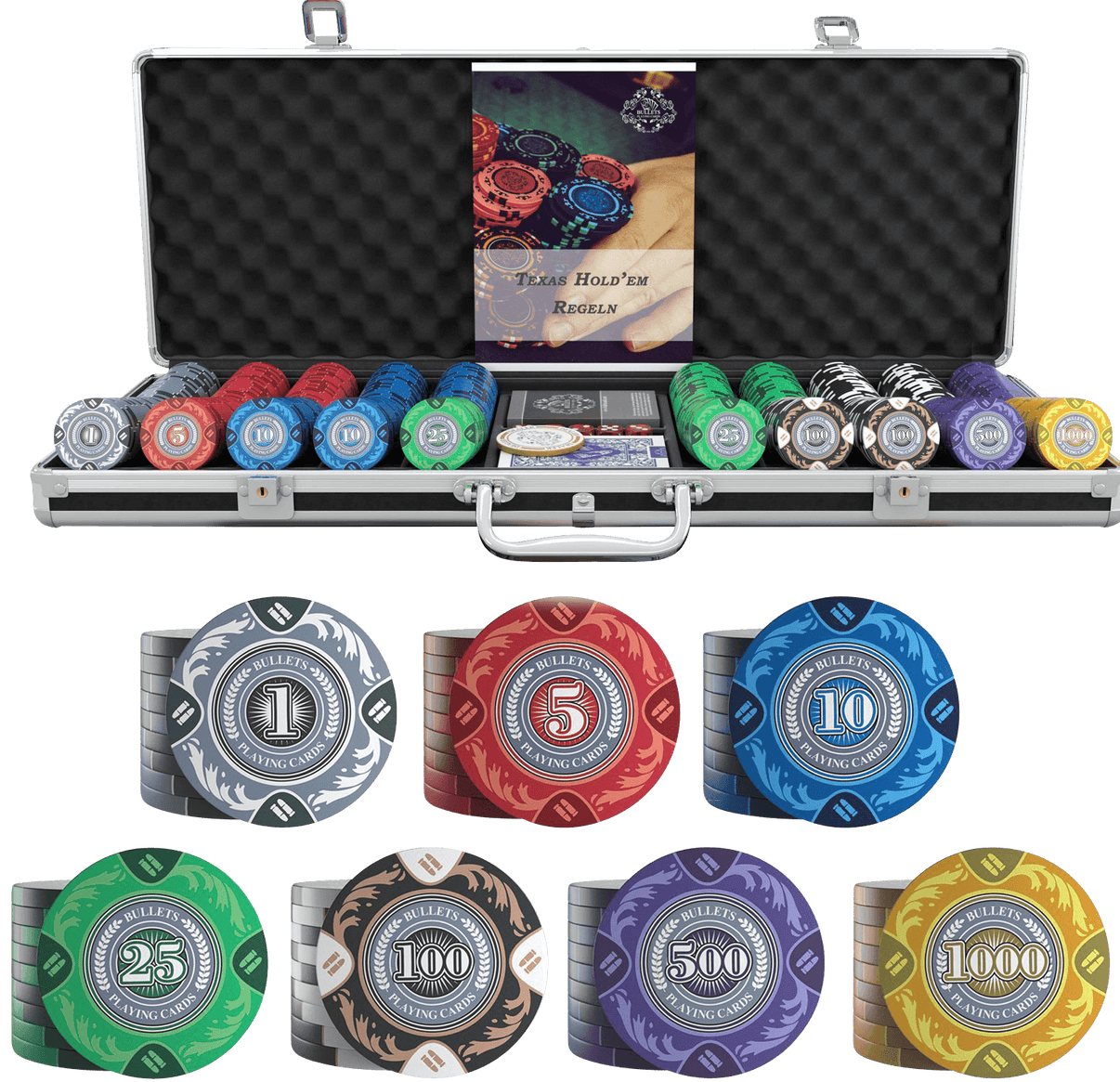 Pokerkoffer mit 500 Designer Clay Pokerchips "Tony" mit Werten